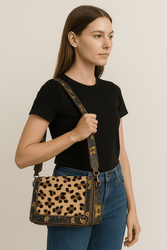 Handcrafted Leather Crossbody Bag – Leopard Print with Floral Tooled Strap - HUSHAHIDE