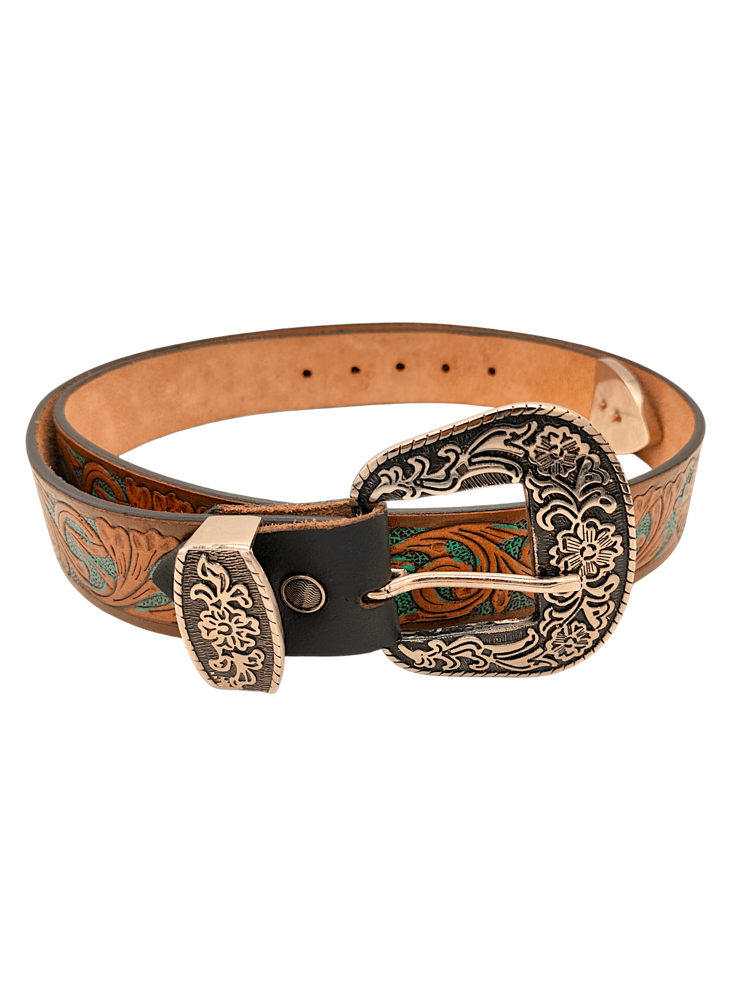 Handcrafted Western Tooled Leather Belt with Antique Brass Floral Buckle - HUSHAHIDE