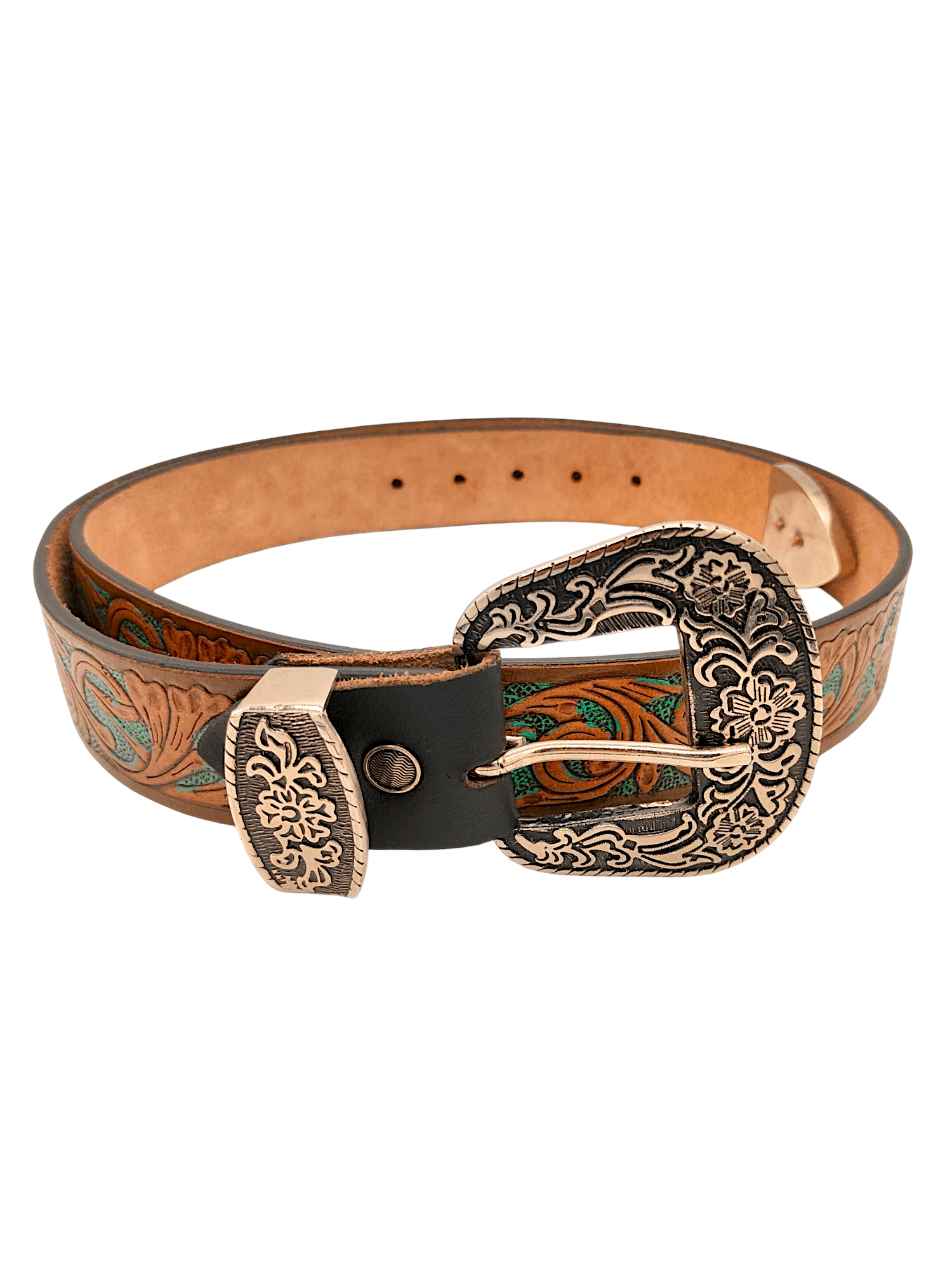 Handcrafted Western Tooled Leather Belt with Antique Brass Floral Buckle - HUSHAHIDE