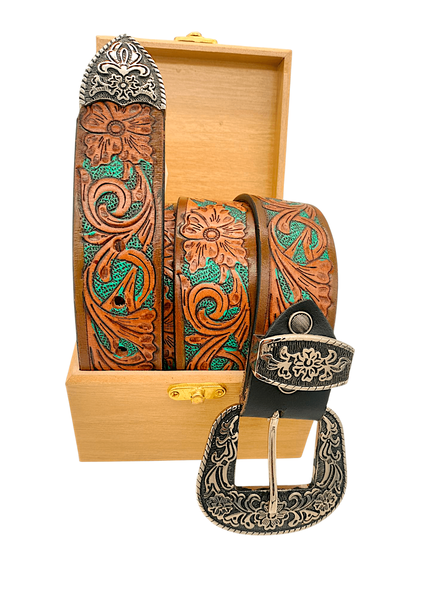 Handcrafted Western Tooled Leather Belt with Antique Brass Floral Buckle - HUSHAHIDE