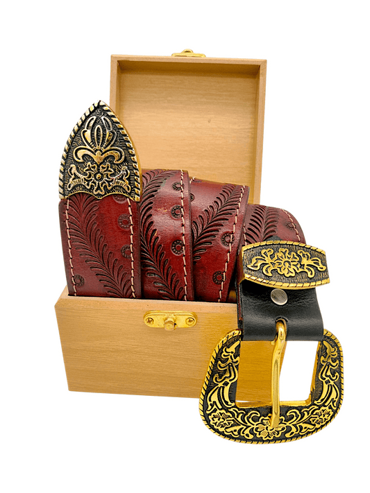 Handcrafted Western Tooled Leather Belt with Antique Brass Floral Buckle - HUSHAHIDE