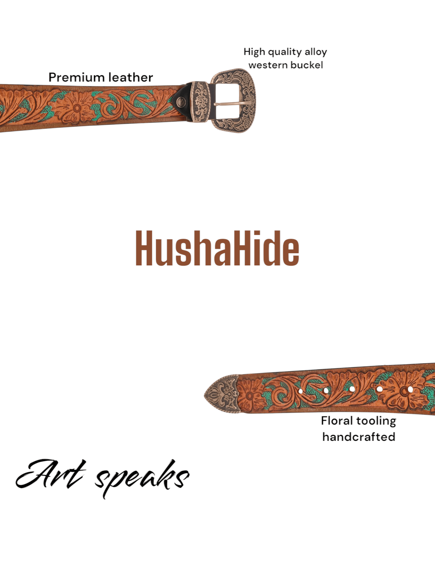 Handcrafted Western Tooled Leather Belt with Antique Brass Floral Buckle - HUSHAHIDE