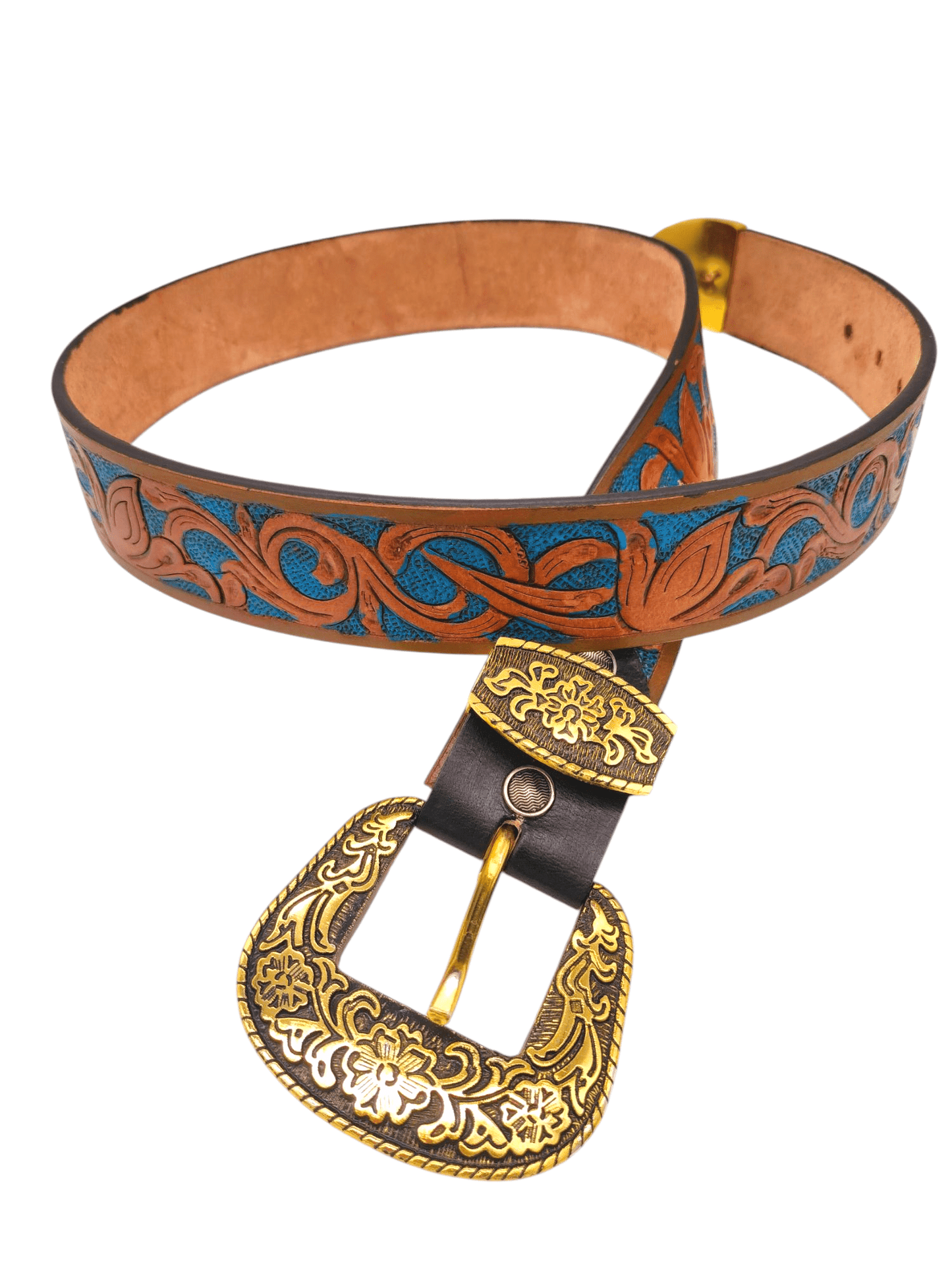 Handcrafted Western Tooled Leather Belt with Antique Brass Floral Buckle – Tan & Turquoise Design - HUSHAHIDE