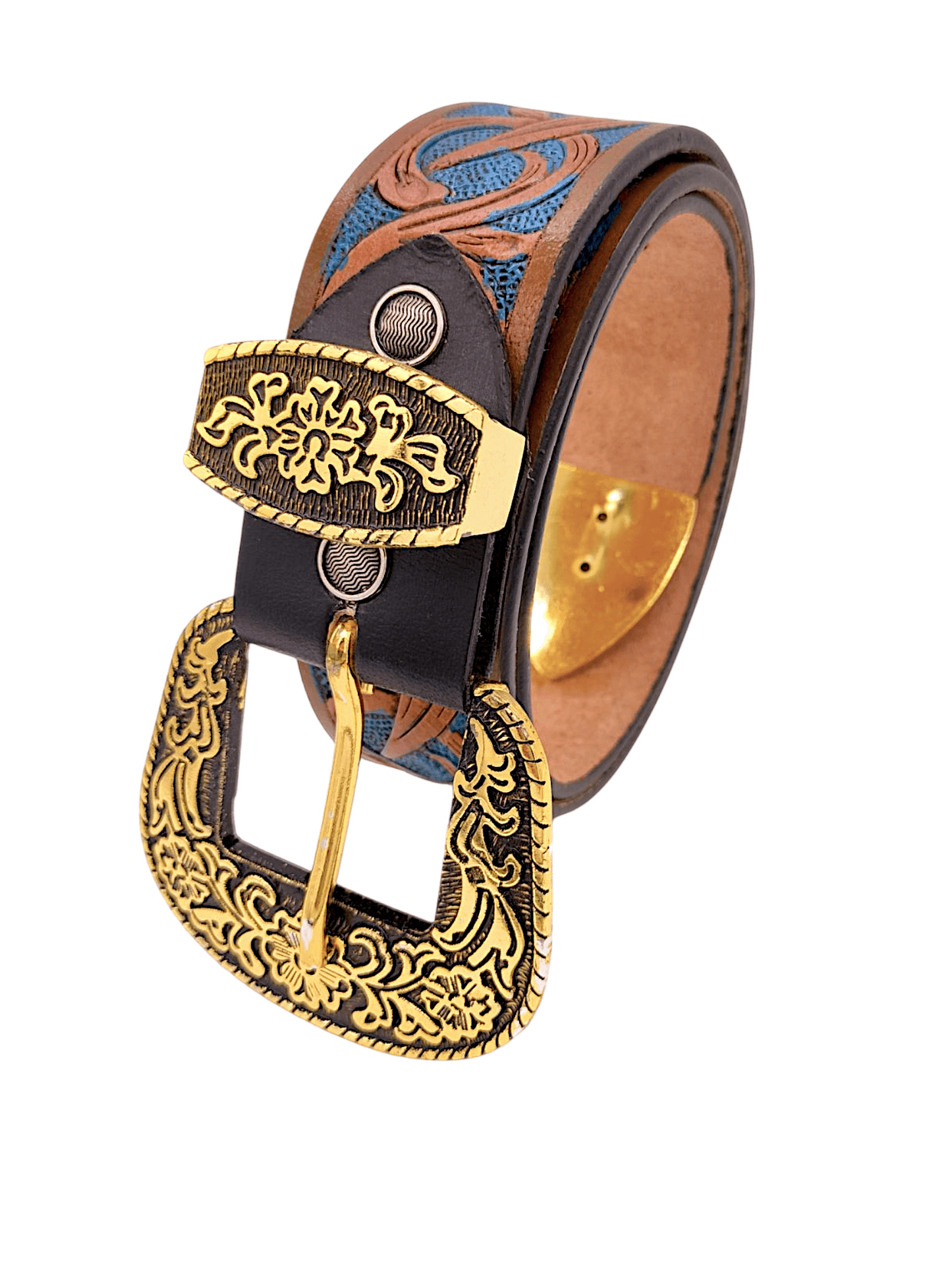 Handcrafted Western Tooled Leather Belt with Antique Brass Floral Buckle – Tan & Turquoise Design - HUSHAHIDE