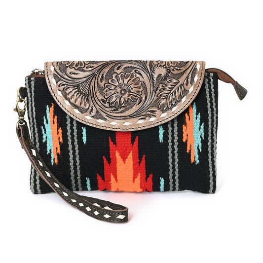 HushaHide Women's Western Sling Clutch – Handcrafted Tooled Leather Flap | Ethnic Wool Body | Multicolor Design - HUSHAHIDE