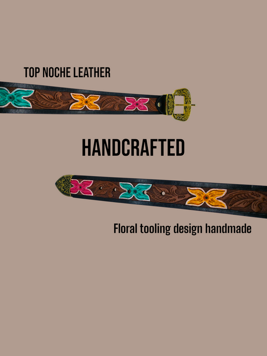 HUSHAHIDE Unisex Handcrafted Leather Belt | Floral Tooled Design with Antique Brass Buckle