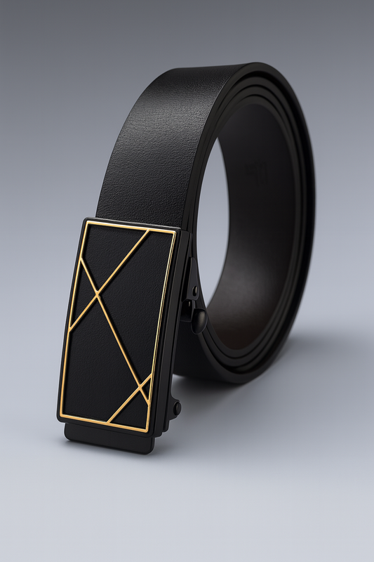 Hushahide Men's PU Leather Auto-Lock Belt – Matte Black Buckle with Golden Line Design, 48 Inch Adjustable Strap