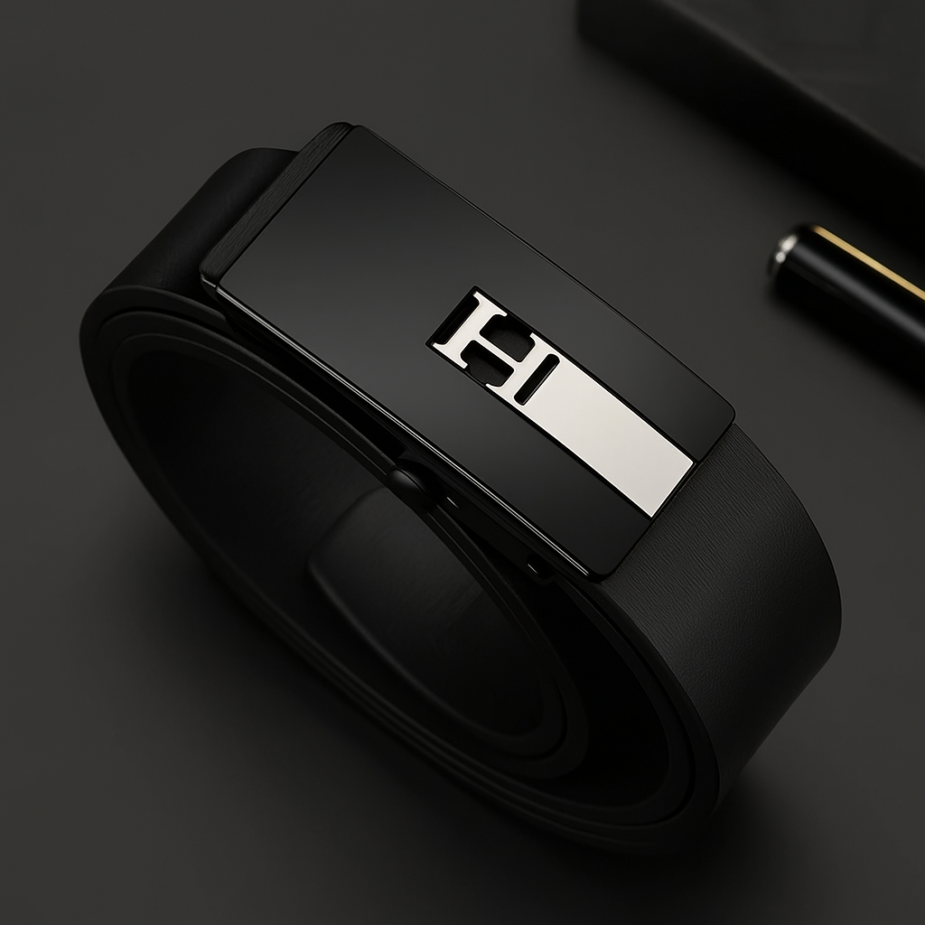 Hushahide Black PU Leather Belt for Men | Vegan Friendly | Autolock Buckle with H Logo | Fits up to 40 Waist Size