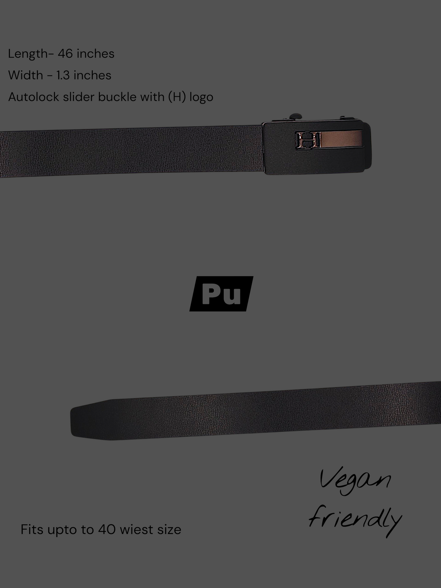 Hushahide Black PU Leather Belt for Men | Vegan Friendly | Autolock Buckle with H Logo | Fits up to 40 Waist Size