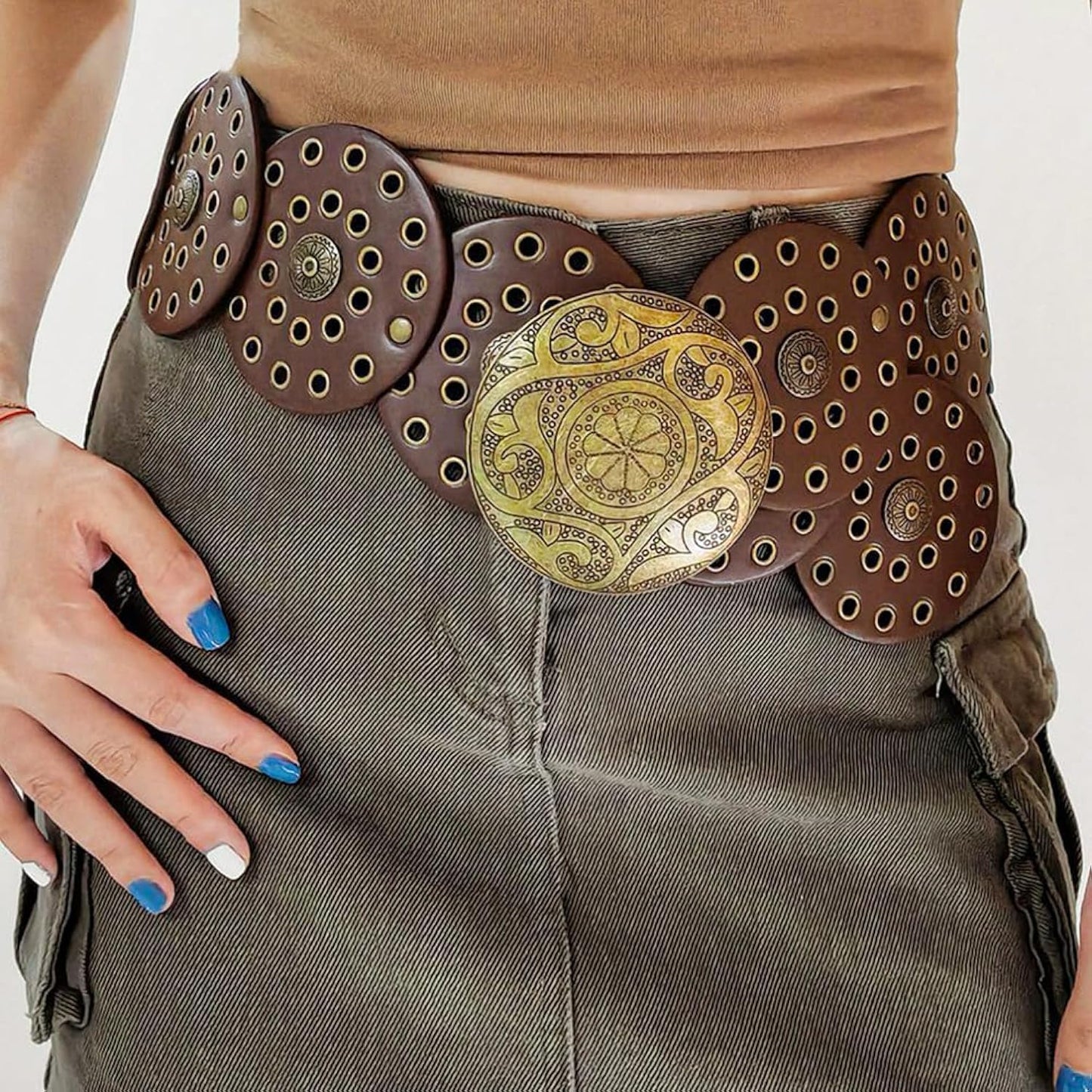 Stylish Vintage Brown Women Belt with Golden Round Metal Buckle | Wide Designer Waist Belt for Dresses, Saree, Jeans | Artificial Leather Belt for Women