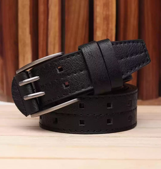 HUSHAHIDE Black PU Leather Belt for Men | Stylish Casual & Formal Belt with Silver Double Pin Buckle | Vegan Friendly