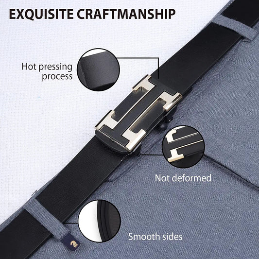 Hushahide Men's Automatic Ratchet Belt – Black PU Strap with Premium H-Shaped Metal Buckle, Adjustable Size