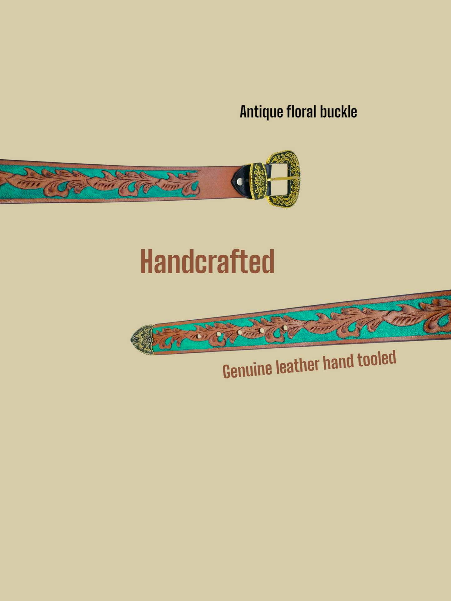 HushaHide Handcrafted Genuine Leather Belt with Antique Gold Floral Buckle | Western Tooling Design | Unisex Adjustable Fit