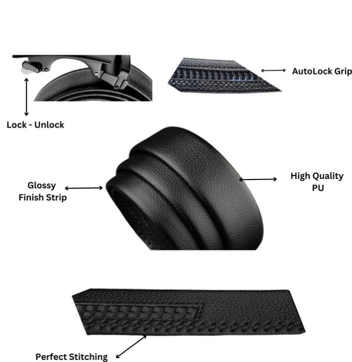 Hushahide Men's Black PU Leather Belt with Stylish Auto-Lock Adjustable Buckle (48 Inches)