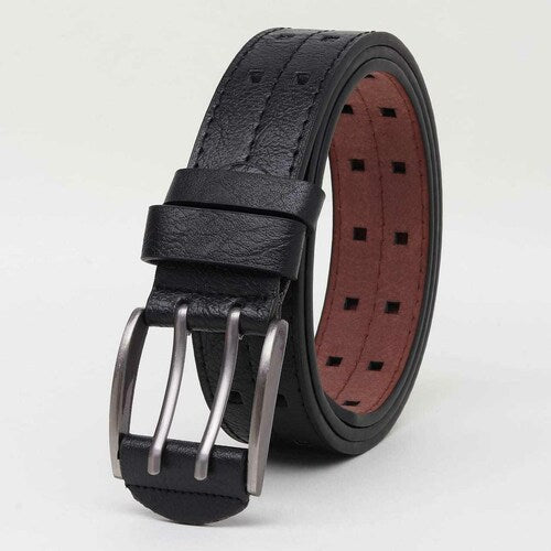 HUSHAHIDE Black PU Leather Belt for Men | Stylish Casual & Formal Belt with Silver Double Pin Buckle | Vegan Friendly