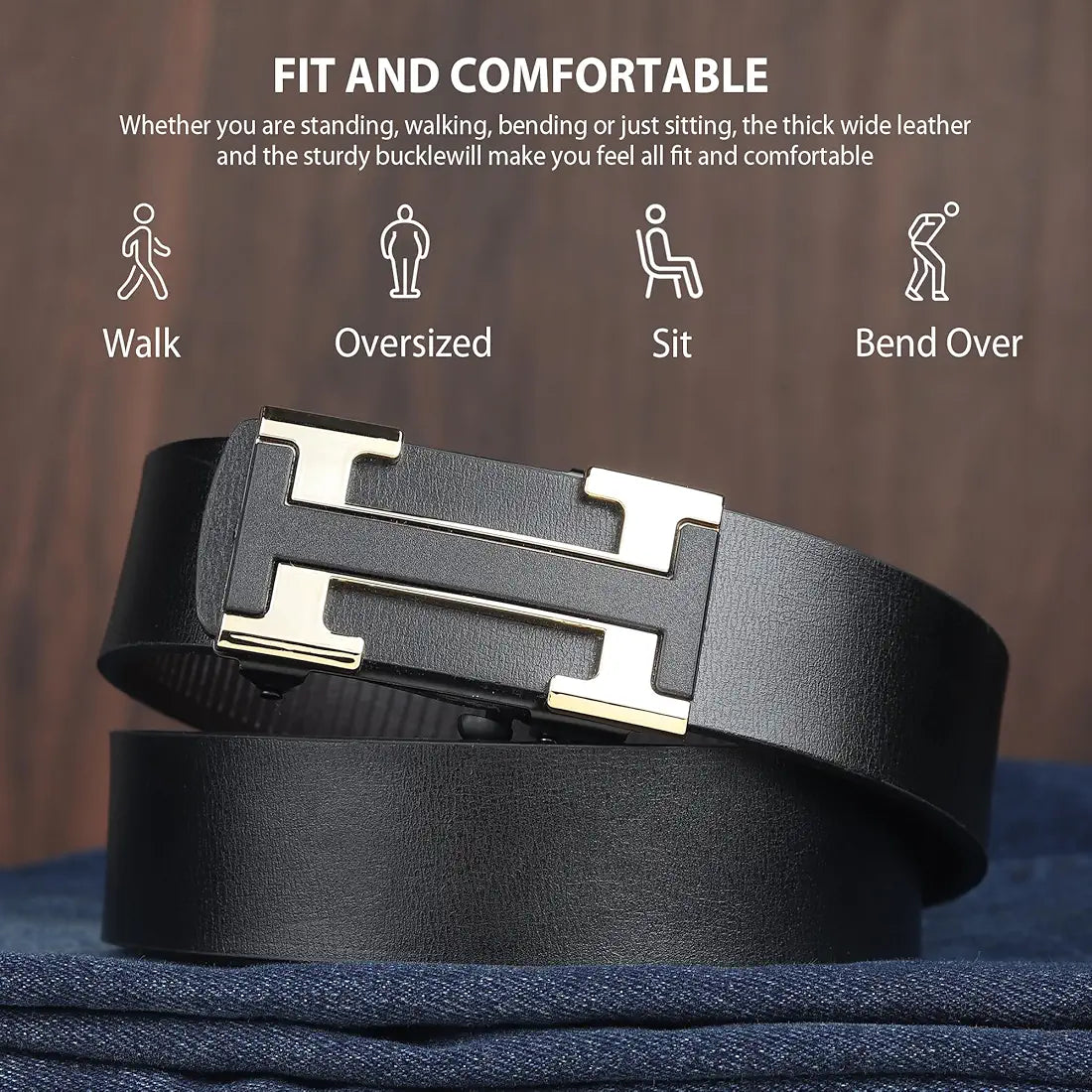 Hushahide Men's Automatic Ratchet Belt – Black PU Strap with Premium H-Shaped Metal Buckle, Adjustable Size
