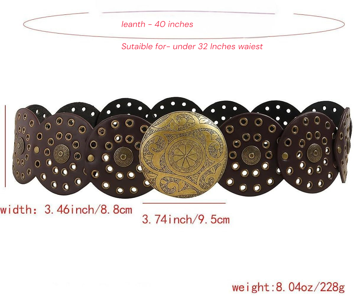 Stylish Vintage Brown Women Belt with Golden Round Metal Buckle | Wide Designer Waist Belt for Dresses, Saree, Jeans | Artificial Leather Belt for Women