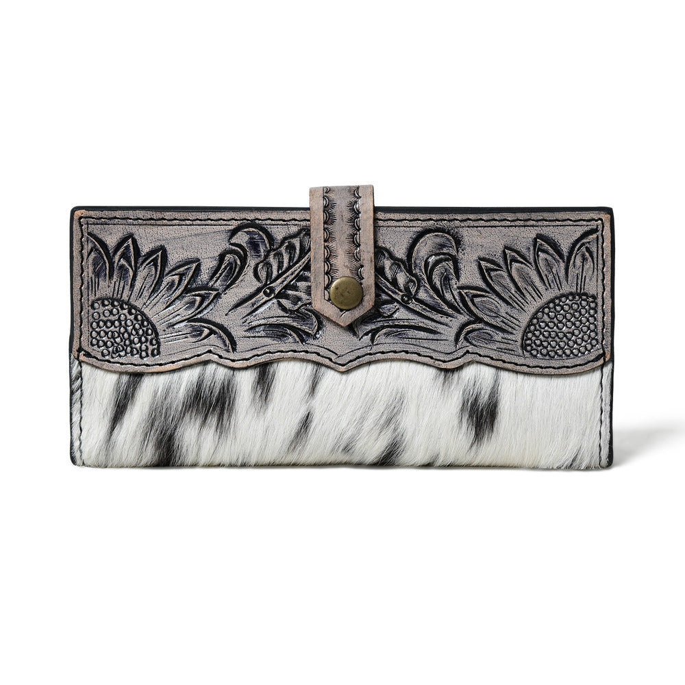 HUSHAHIDE Women’s Genuine Leather Hair-On Hand Clutch – 12 Card Slots, Zip Pocket, Floral Tooled Snap Closure (8x4 inch)