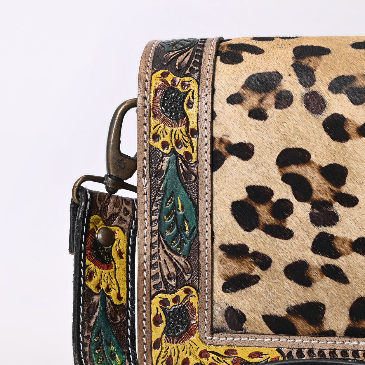 Handcrafted Leather Crossbody Bag – Leopard Print with Floral Tooled Strap - HUSHAHIDE