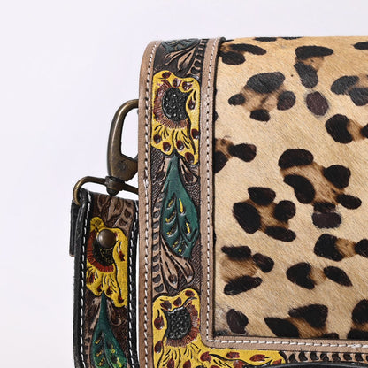 Handcrafted Leather Crossbody Bag – Leopard Print with Floral Tooled Strap - HUSHAHIDE