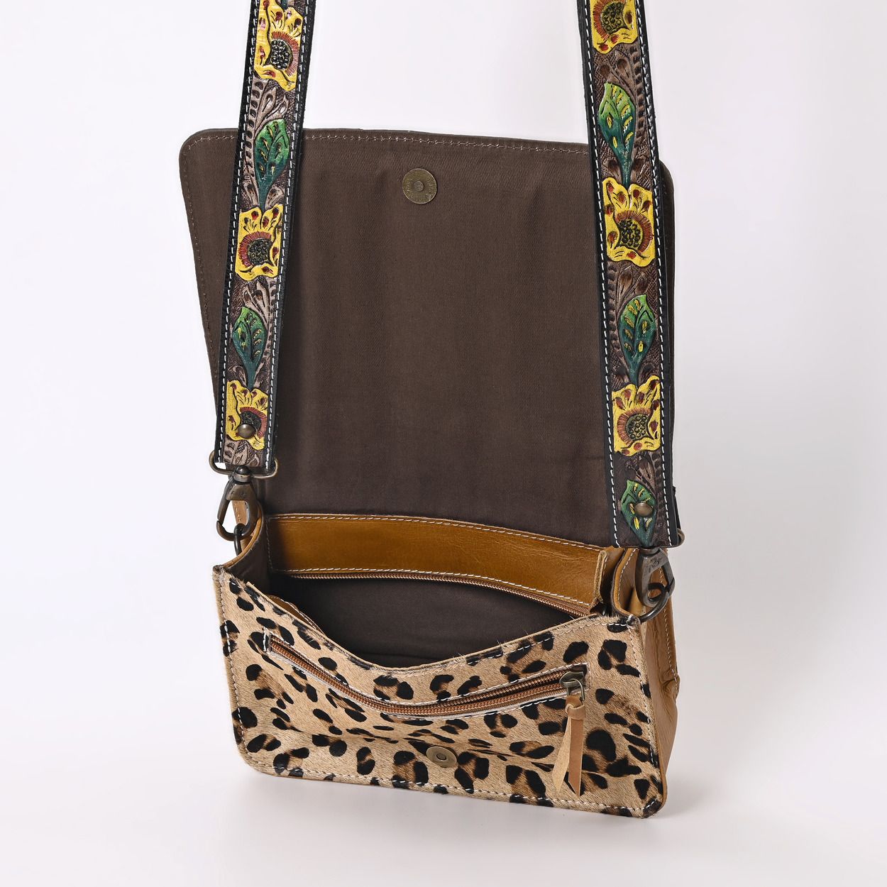 Handcrafted Leather Crossbody Bag – Leopard Print with Floral Tooled Strap - HUSHAHIDE