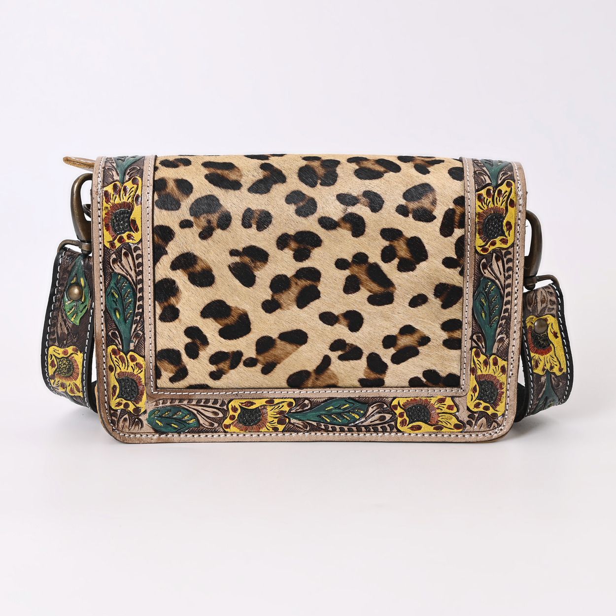 Handcrafted Leather Crossbody Bag – Leopard Print with Floral Tooled Strap - HUSHAHIDE