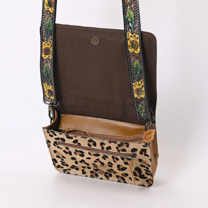 Handcrafted Leather Crossbody Bag – Leopard Print with Floral Tooled Strap - HUSHAHIDE
