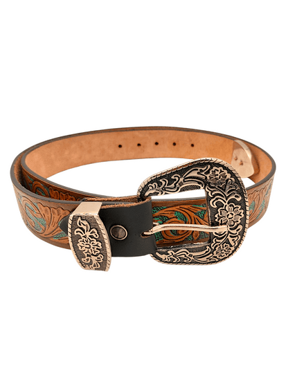 Handcrafted Western Tooled Leather Belt with Antique Brass Floral Buckle - HUSHAHIDE