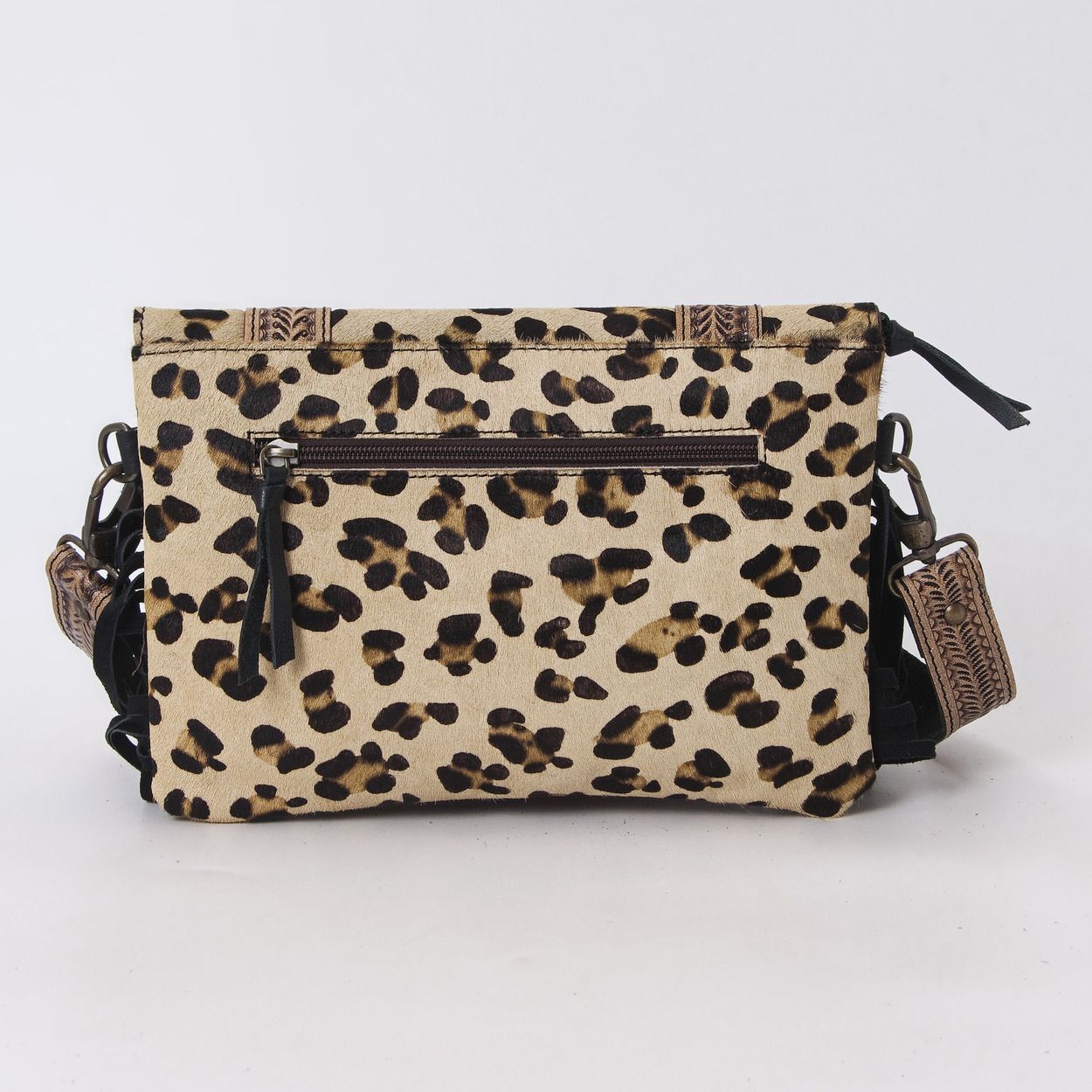 Hushahide Boho Western Fringe Crossbody Bag – Leopard Print with Tooled Leather & Adjustable Strap - HUSHAHIDE