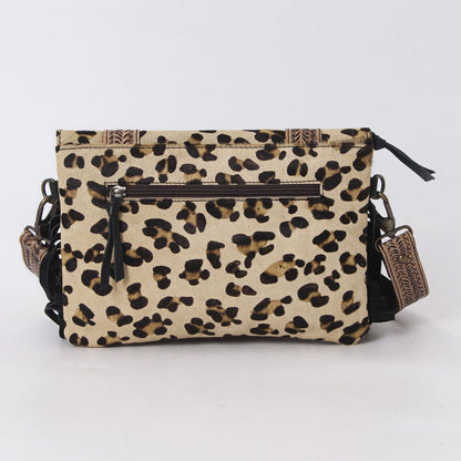 Hushahide Boho Western Fringe Crossbody Bag – Leopard Print with Tooled Leather & Adjustable Strap - HUSHAHIDE