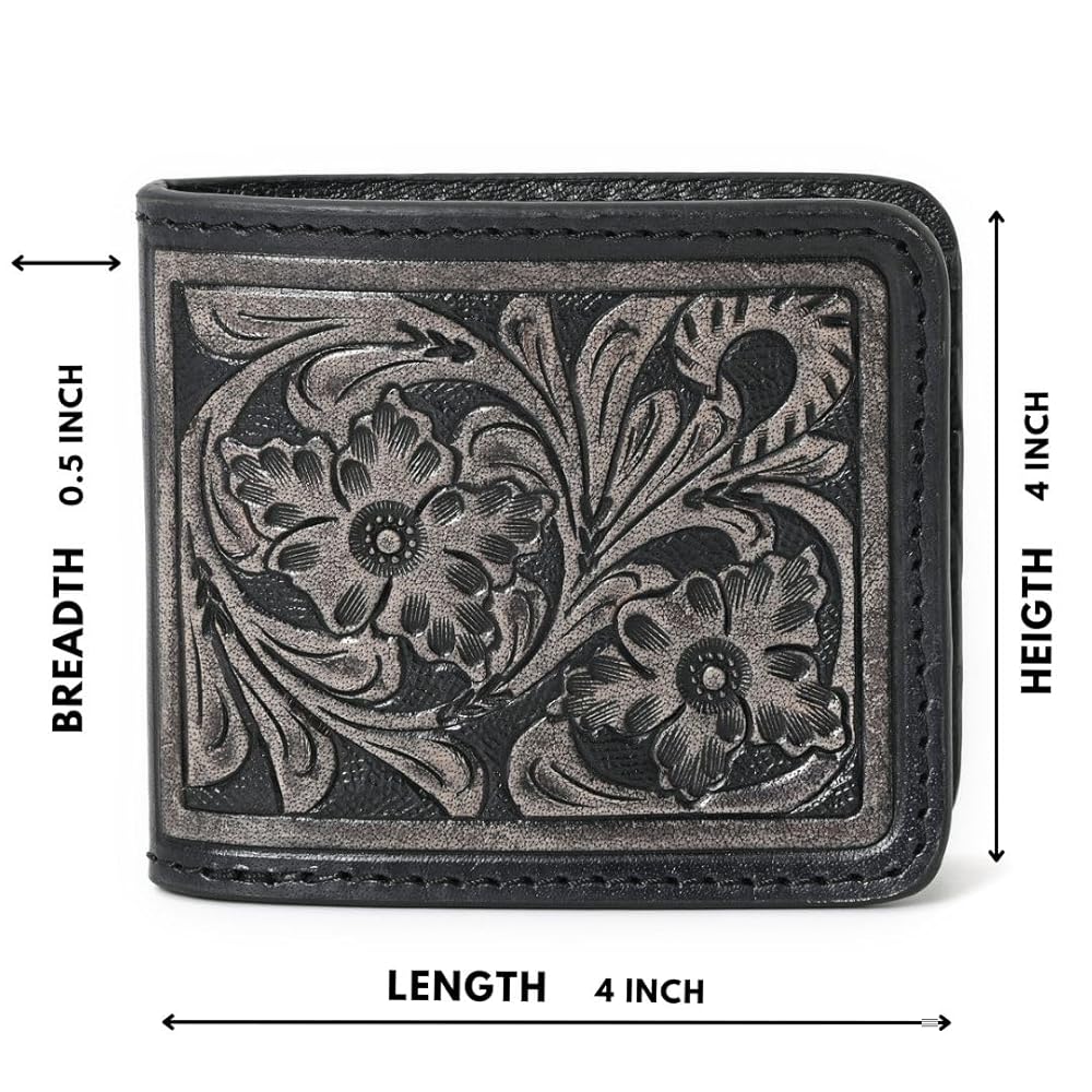 HushaHide Handcrafted Genuine Leather Wallet | Tooling floral Design | Unisex | Slim Bifold Wallet for Men & Women - HUSHAHIDE