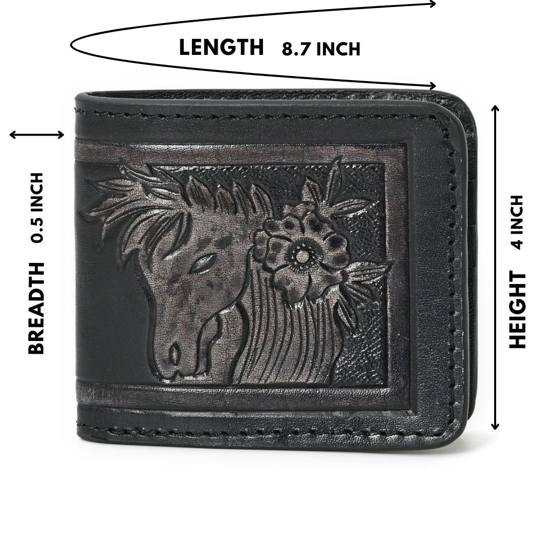 HushaHide Handcrafted Genuine Leather Wallet | Tooling Horse Design | Unisex | Slim Bifold Wallet for Men & Women - HUSHAHIDE