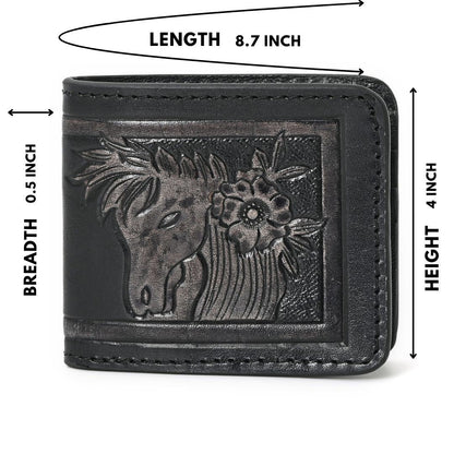 HushaHide Handcrafted Genuine Leather Wallet | Tooling Horse Design | Unisex | Slim Bifold Wallet for Men & Women - HUSHAHIDE