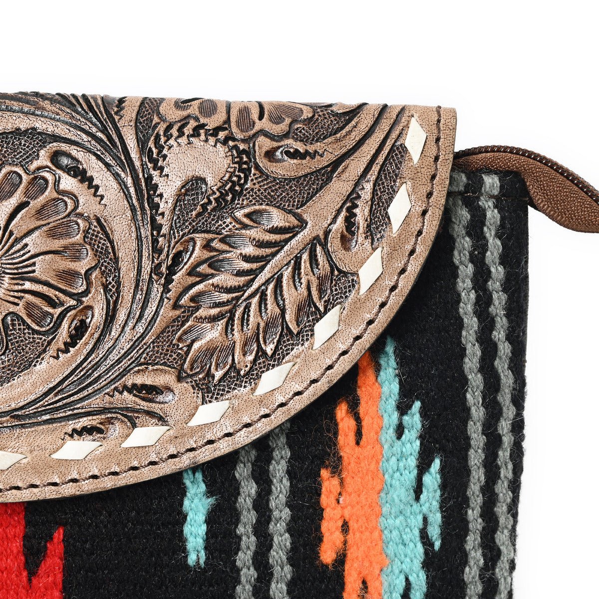 HushaHide Women's Western Sling Clutch – Handcrafted Tooled Leather Flap | Ethnic Wool Body | Multicolor Design - HUSHAHIDE