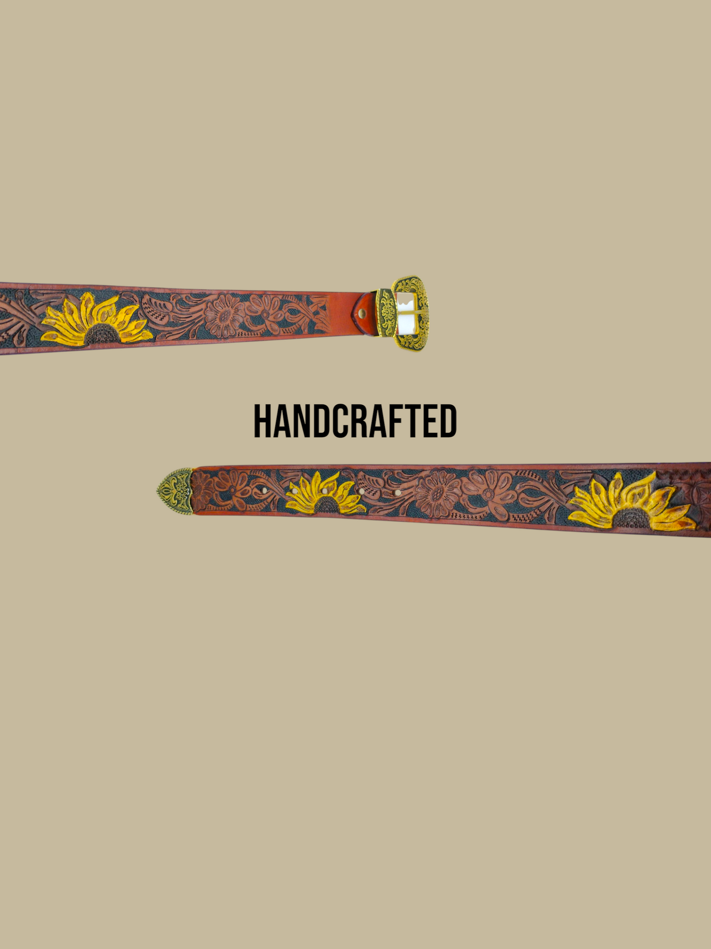 HushaHide Handcrafted Tooled Leather Belt for Men & Women – Vintage Floral Design with Antique Gold Buckle & Tip