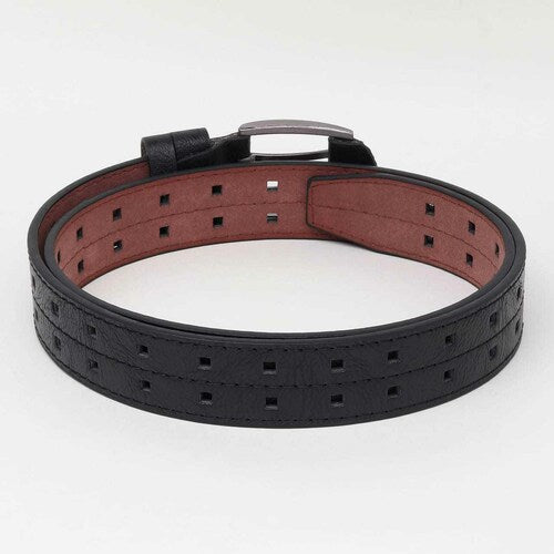 HUSHAHIDE Black PU Leather Belt for Men | Stylish Casual & Formal Belt with Silver Double Pin Buckle | Vegan Friendly