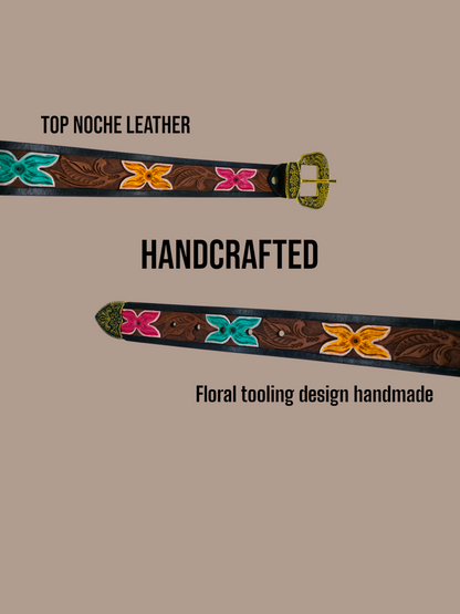 HUSHAHIDE Unisex Handcrafted Leather Belt | Floral Tooled Design with Antique Brass Buckle
