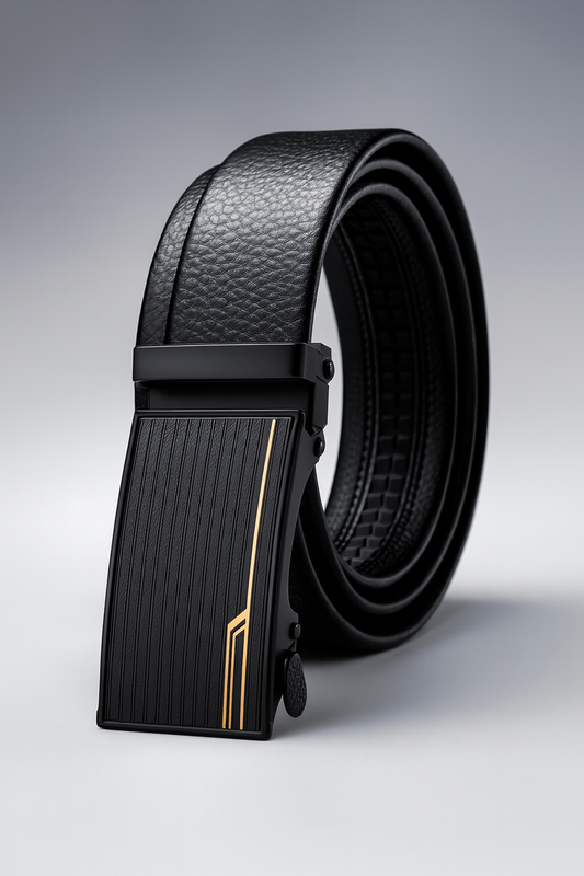 HUSHAHIDE Men's PU Leather Auto Lock Belt | Stylish Black Adjustable Formal Belt with Elegant Buckle (48 Inches)