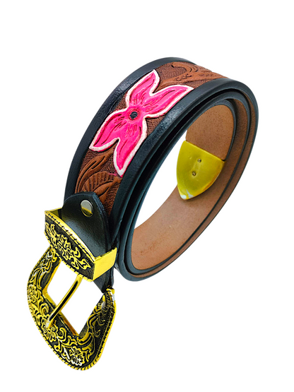HUSHAHIDE Unisex Handcrafted Leather Belt | Floral Tooled Design with Antique Brass Buckle