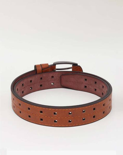 HUSHAHIDE Tan PU Leather Belt for Men | Stylish Casual & Formal Belt with Silver Double Pin Buckle | Vegan Friendly