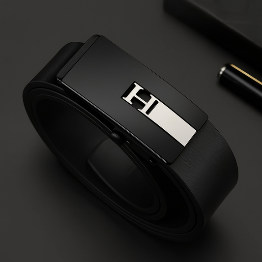 Hushahide Black PU Leather Belt for Men | Vegan Friendly | Autolock Buckle with H Logo | Fits up to 40 Waist Size