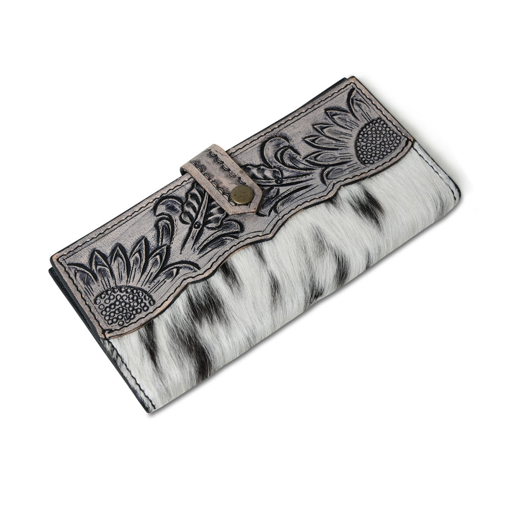 HUSHAHIDE Women’s Genuine Leather Hair-On Hand Clutch – 12 Card Slots, Zip Pocket, Floral Tooled Snap Closure (8x4 inch)
