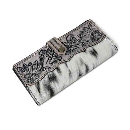 HUSHAHIDE Women’s Genuine Leather Hair-On Hand Clutch – 12 Card Slots, Zip Pocket, Floral Tooled Snap Closure (8x4 inch)