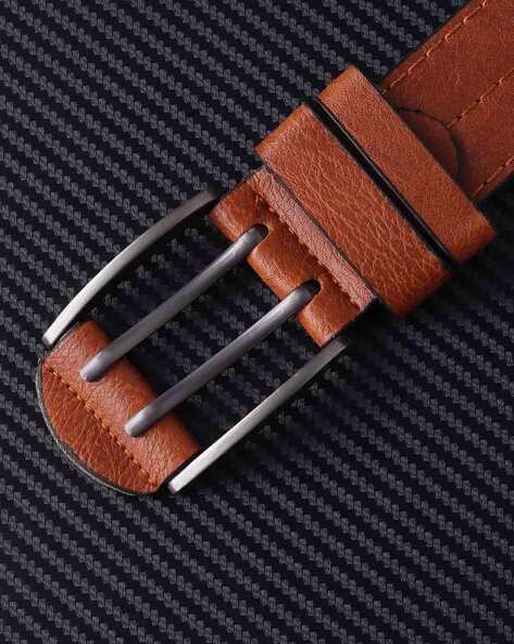 HUSHAHIDE Tan PU Leather Belt for Men | Stylish Casual & Formal Belt with Silver Double Pin Buckle | Vegan Friendly