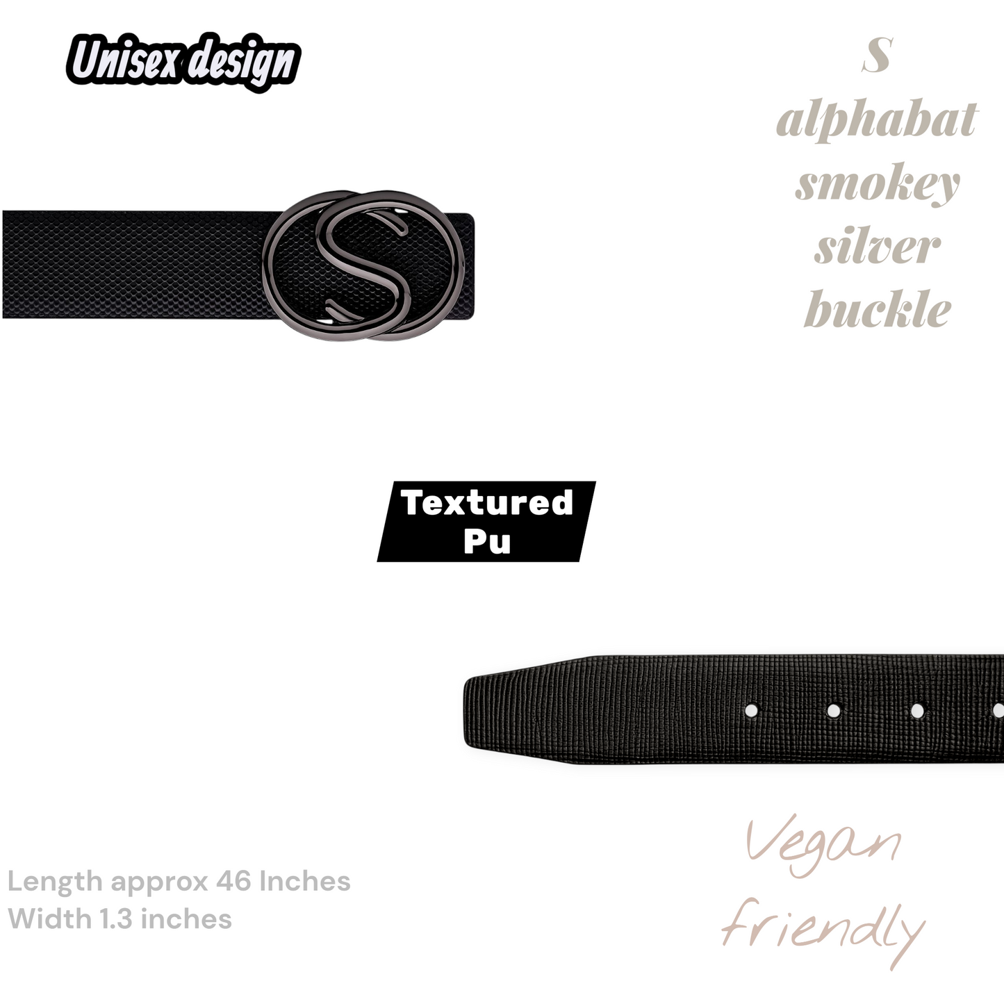 Hushahide Unisex Textured PU Belt | Smokey Silver “S” Alphabet Buckle | Vegan Friendly | Free Size 46 Inch