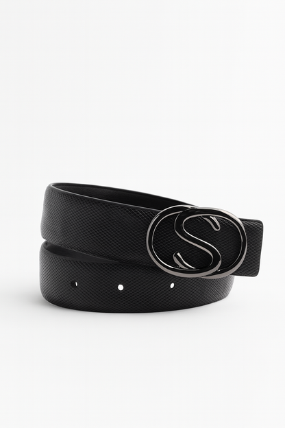 Hushahide Unisex Textured PU Belt | Smokey Silver “S” Alphabet Buckle | Vegan Friendly | Free Size 46 Inch