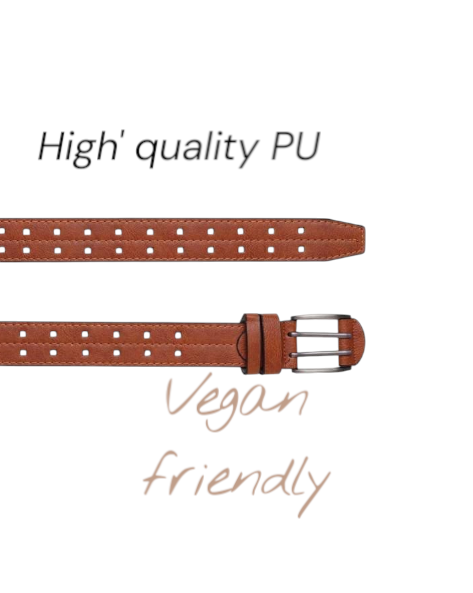 HUSHAHIDE Tan PU Leather Belt for Men | Stylish Casual & Formal Belt with Silver Double Pin Buckle | Vegan Friendly
