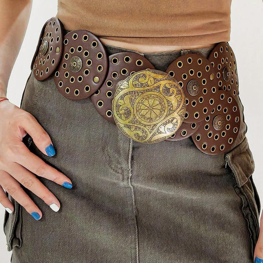Stylish Vintage Brown Women Belt with Golden Round Metal Buckle | Wide Designer Waist Belt for Dresses, Saree, Jeans | Artificial Leather Belt for Women