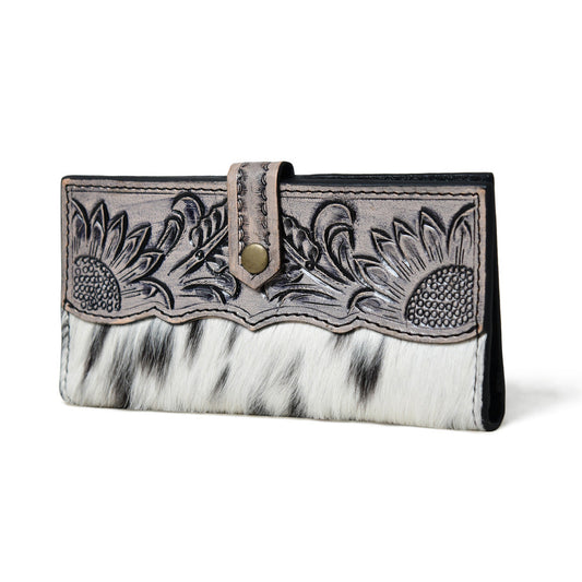 HUSHAHIDE Women’s Genuine Leather Hair-On Hand Clutch – 12 Card Slots, Zip Pocket, Floral Tooled Snap Closure (8x4 inch)
