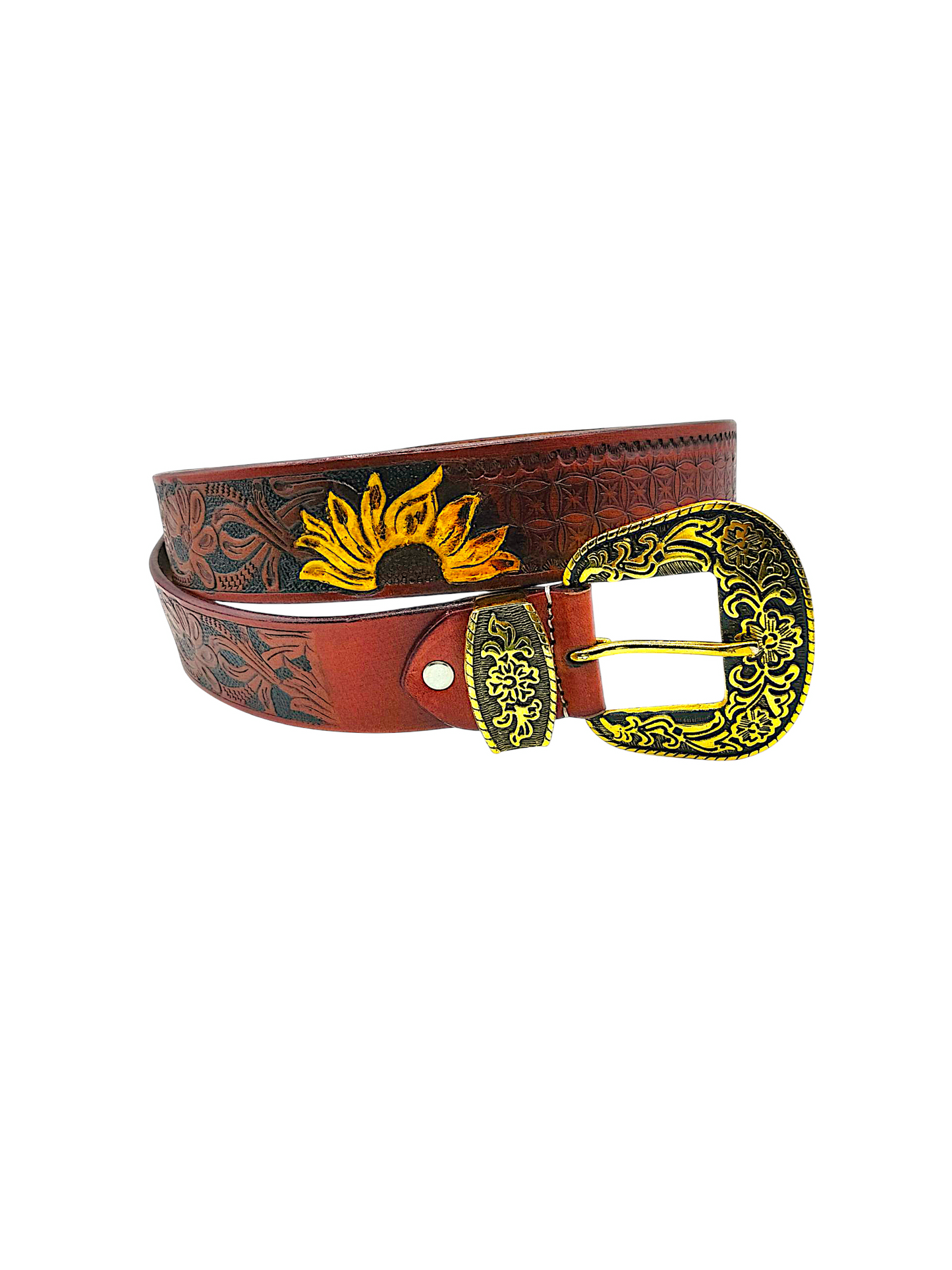 HushaHide Handcrafted Tooled Leather Belt for Men & Women – Vintage Floral Design with Antique Gold Buckle & Tip